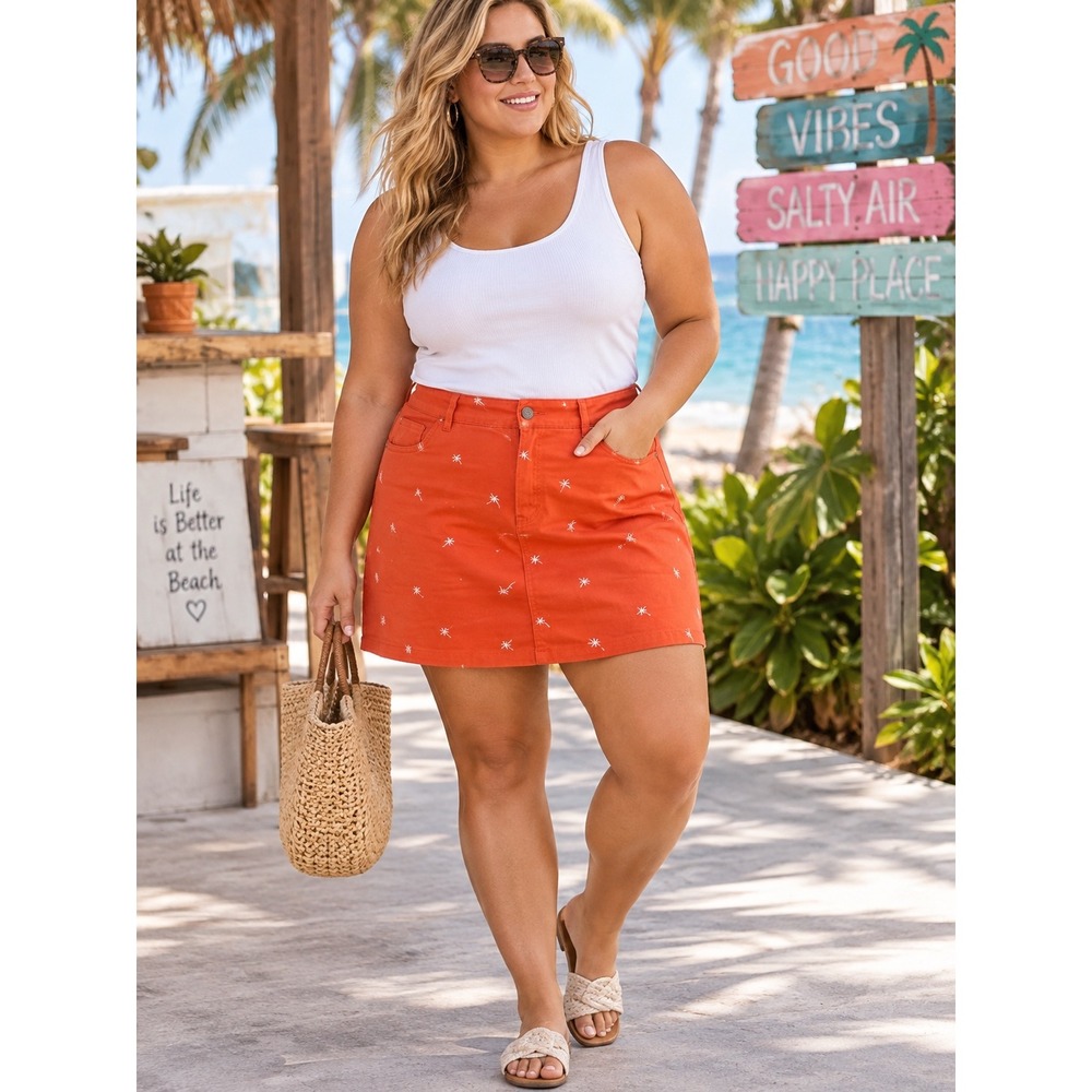 Woman Within Orange Palm Tree Embroidered Skort Womens 14W Summer Tropical Mini